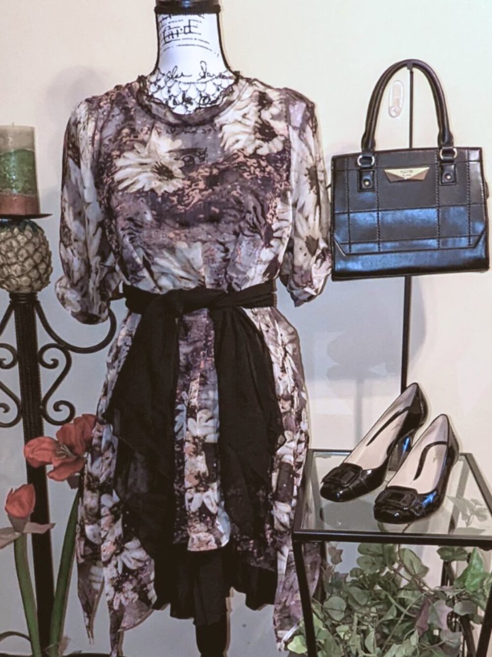 Pretty Angel Black Puff-Sleeve Semi-Sheer Floral Dress Large NWT Adorable!